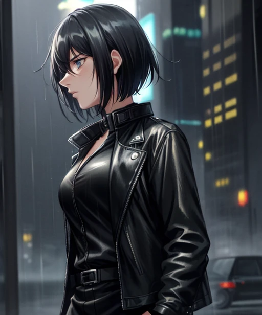 (adult woman), (1girl, solo), walking, ((black jacket)), serious, (black hair, bobcut), (blue eyes), ((future city, neotokyo, scifi city, cyberpunk)), (night, rain), ((best quality, high detail)), ((masterpiece)), <lora:1_yamanemasahiro_14e:1>