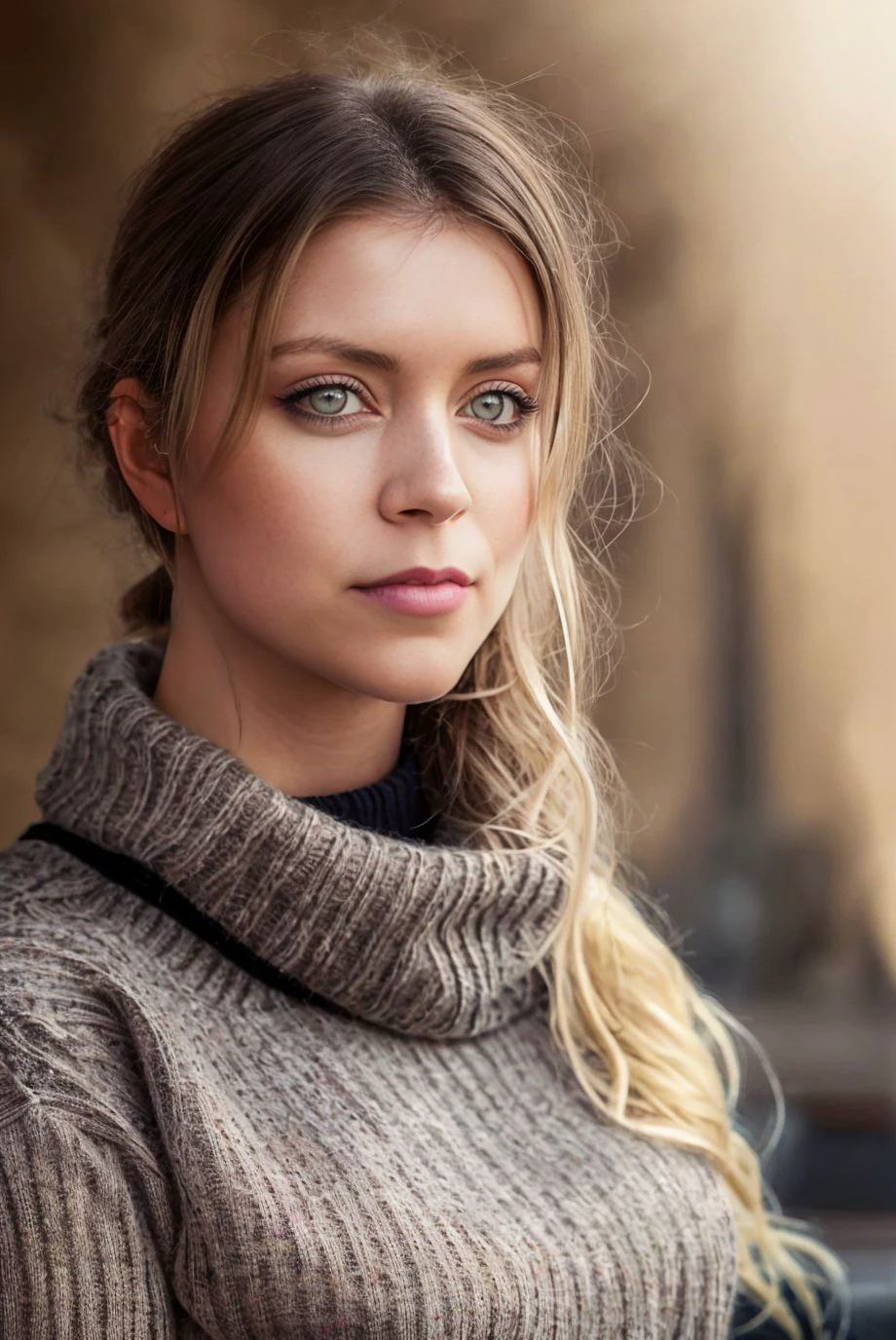 A stunning intricate full color portrait of a beautiful woman wearing a grey woolen sweater with black leggings,Dubai, UAE during a sandstorm,dark hair, epic character composition,by ilya kuvshinov, alessio albi, nina masic,sharp focus, subsurface scattering, f2, 35mm, film grain ,blonde <lora:milenaj:1>