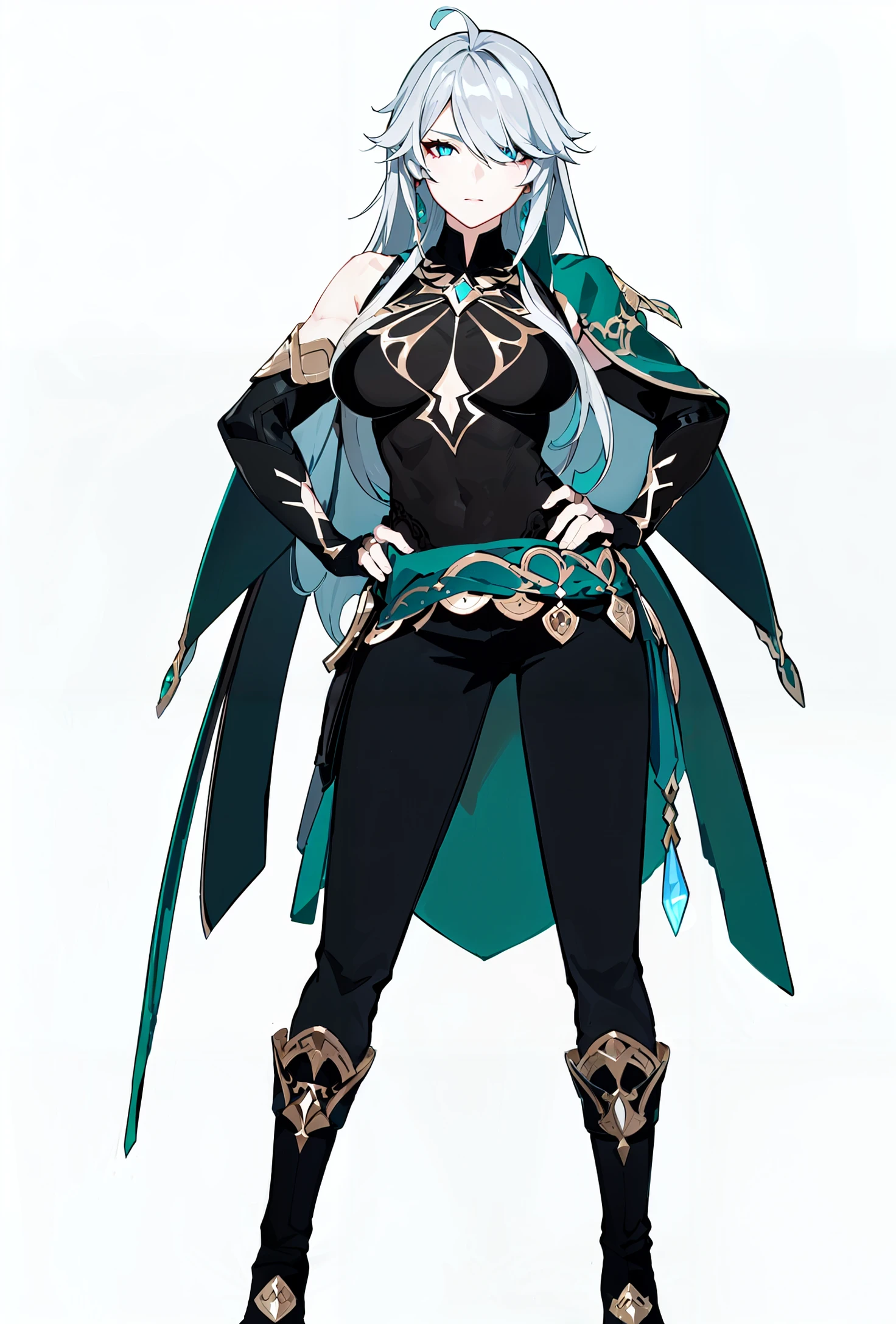 8k, best quality, masterpiece, (ultra-detailed:1.1), (high detailed skin),
(full body:1.3), white background, standing, looking at viewer, (solo:1.4), hand on hip,
<lora:aierhaisen-v100-000027:0.7:lbw=OUTALL>, 1girl, aierhaisen, female focus, grey hair, bangs, black footwear, green cape, boots, pants, partially fingerless gloves, ahoge, large breasts, long hair,
(white background, simple background:1.6),
(beautiful_face), ((intricate_detail)), clear face,
((finely_detailed)), fine_fabric_emphasis,
((glossy)), full_shot,