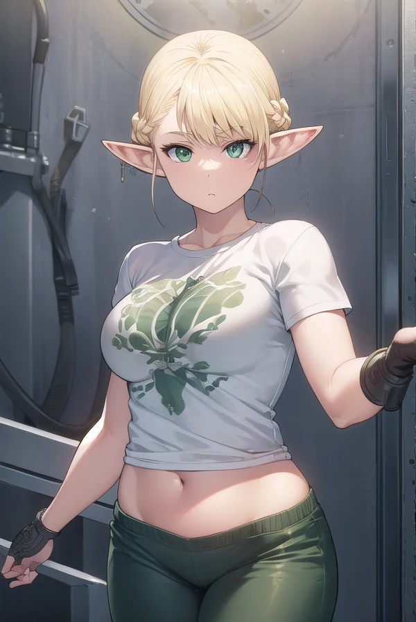 erufuda, <lora:erufuda manga-lora-nochekaiser:1>,
erufuda, short hair, pointy ears, elf, blonde hair, (green eyes:1.5), braid,
BREAK shirt, navel, short sleeves, midriff, pants, t-shirt, plump, belly,
BREAK indoors,
BREAK looking at viewer, (cowboy shot:1.5),
BREAK <lyco:GoodHands-beta2:1>, (masterpiece:1.2), best quality, high resolution, unity 8k wallpaper, (illustration:0.8), (beautiful detailed eyes:1.6), extremely detailed face, perfect lighting, extremely detailed CG, (perfect hands, perfect anatomy),