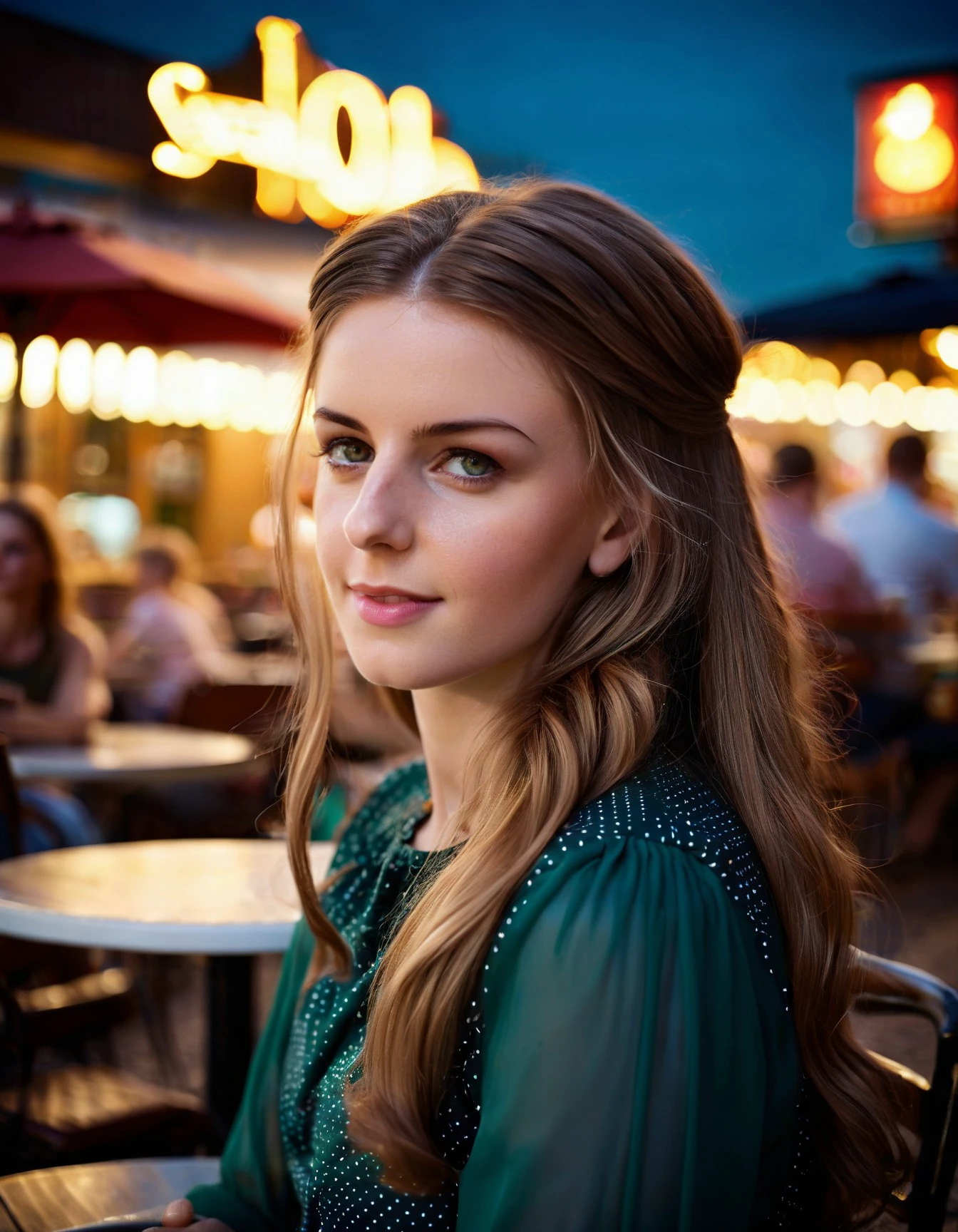 cinematic film still <lora:StellaCox_SDXL_v1.0:1.1>
photo a perfect portrait photograph, 70mm medium format photo of a flawless ((ohwx woman)) with a flowing hairstyle at an outdoor cafe, glowing signs . shallow depth of field, vignette, highly detailed, high budget, bokeh, cinemascope, moody, epic, gorgeous, film grain, grainy