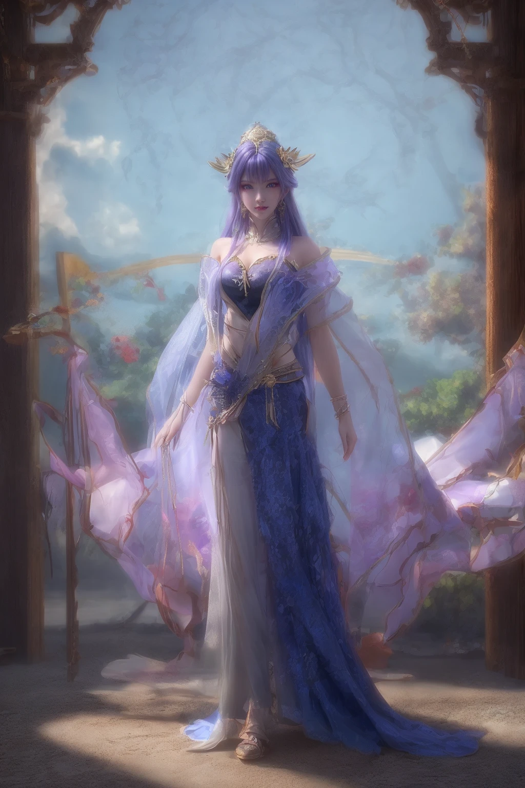 tianqiong,full body,1girl,jewelry,hair ornament,solo,earrings,long hair,blue eyes,blue hair,looking at viewer,necklace,purple hair,masterpiece,HDR,UHD,8K,best quality,Photographic,<lora:tianqiong:0.7>,<lora:add_detail:0.8>,