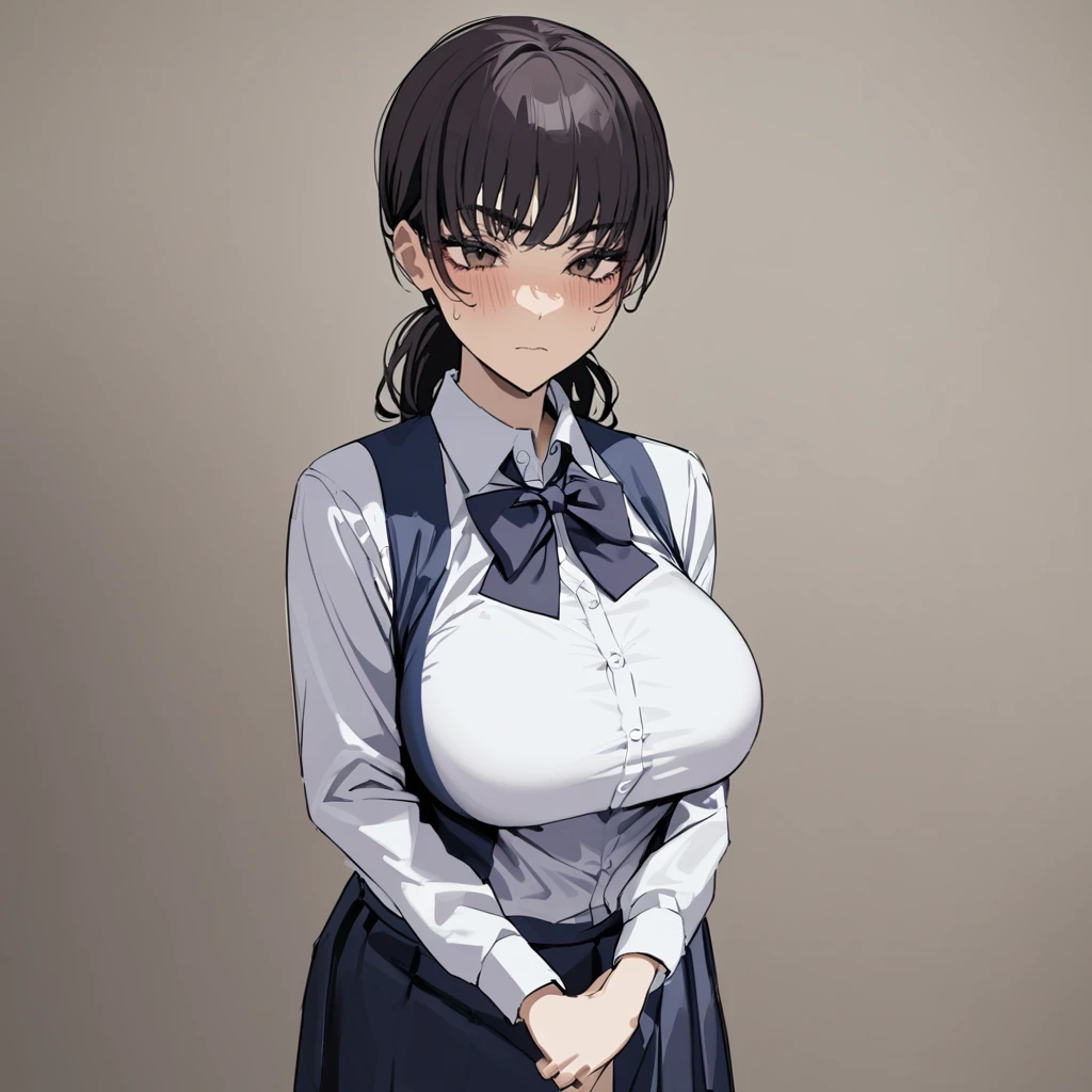 1girl, short black hair with twin braids, blunt bangs, blue eyes, glasses, medium breast, wide hips, white long sleeve buttoned shirt, skirt, ribbon, blush, angry face, ((best quality)), ((masterpiece)), portrait, looking at the camera, from the front, simple background, ((detailed)), ((perfect anatomy)), ((detailed art)), ((high definition)), ((4k)), ((high resolution))