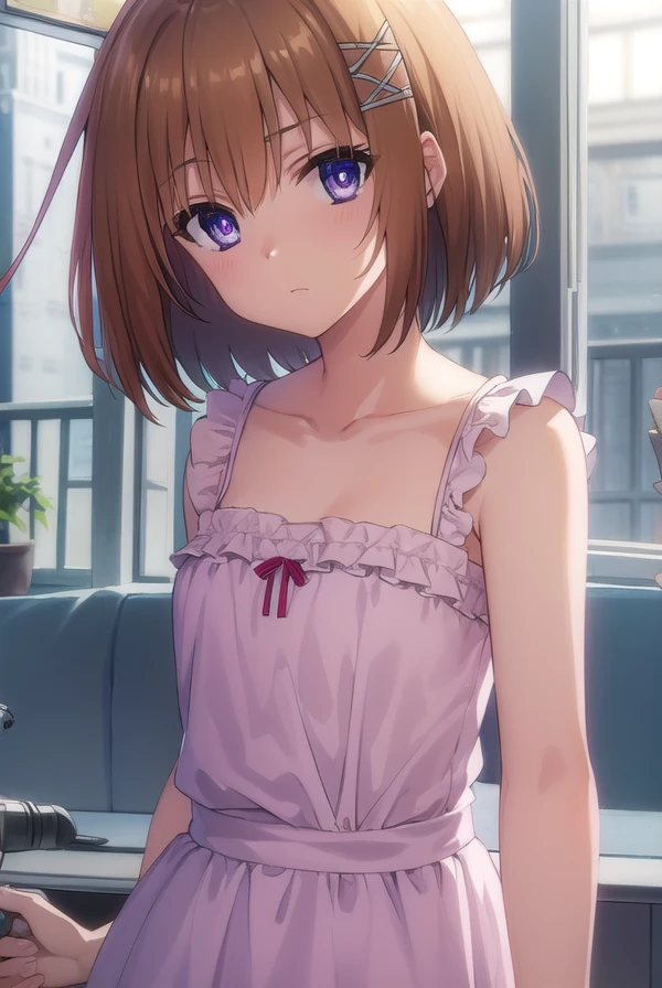 korewaharuna, <lora:korewa haruna s2-lora-nochekaiser:1>,
haruna, short hair, brown hair, (purple eyes:1.1), ahoge, hair ornament, x hair ornament,
BREAK dress, collarbone, frills, bow, sleeveless, bare arms,
BREAK outdoors,
BREAK looking at viewer, (cowboy shot:1.5),
BREAK <lyco:GoodHands-beta2:1>, (masterpiece:1.2), best quality, high resolution, unity 8k wallpaper, (illustration:0.8), (beautiful detailed eyes:1.6), extremely detailed face, perfect lighting, extremely detailed CG, (perfect hands, perfect anatomy),