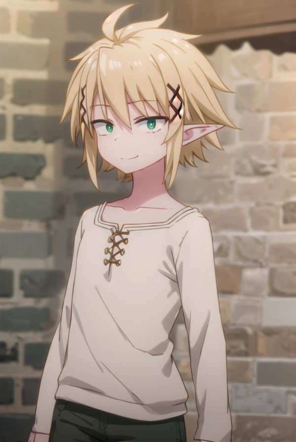 reviewerzel, <lora:reviewer zel male s1-lora-nochekaiser:1>,
zel, short hair, bangs, blonde hair, hair ornament, (green eyes:1.5), male focus, pointy ears, x hair ornament, elf, smile,
BREAK shirt, long sleeves, collarbone, white shirt, pants,
BREAK outdoors,
BREAK looking at viewer, (cowboy shot:1.5),
BREAK <lyco:GoodHands-beta2:1>, (masterpiece:1.2), best quality, high resolution, unity 8k wallpaper, (illustration:0.8), (beautiful detailed eyes:1.6), extremely detailed face, perfect lighting, extremely detailed CG, (perfect hands, perfect anatomy),