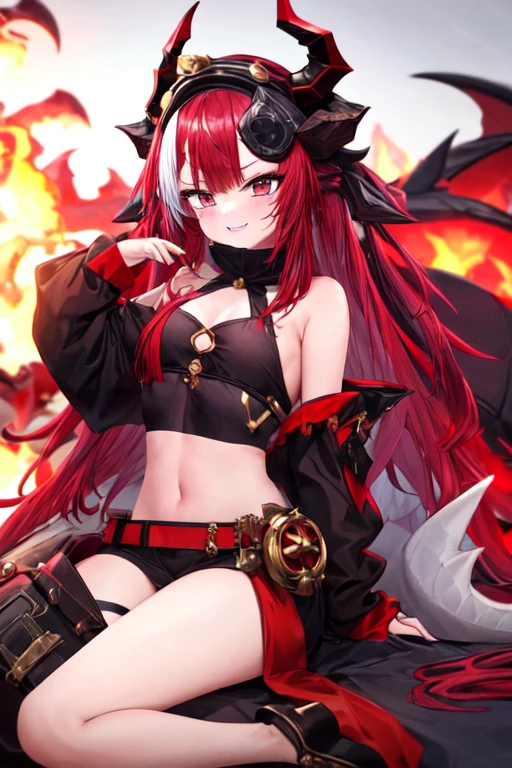 Twin-tailed、No one-sided angle、Dragon Tribe Girl、Horned girl with bright red hair twin tails、Girl with double teeth、wings growing on the back、One-winged devil、Devil Girl、Dragon Daughter、No highlights in the eyes