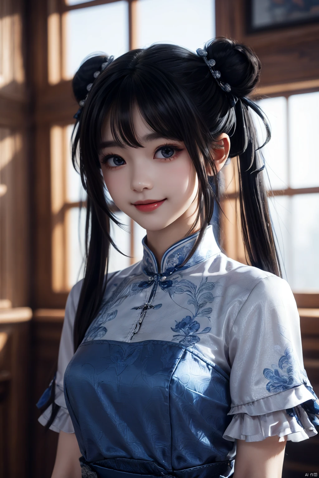 masterpiece, best quality, extremely detailed 8K wallpaper, 1girl, zhaolinger, blue and white dress, hair bun, bangs, twintails, black hair, standing, looking at viewer, upper body,  zhaolinger, smile,<lora:EMS-241576-EMS:0.700000>