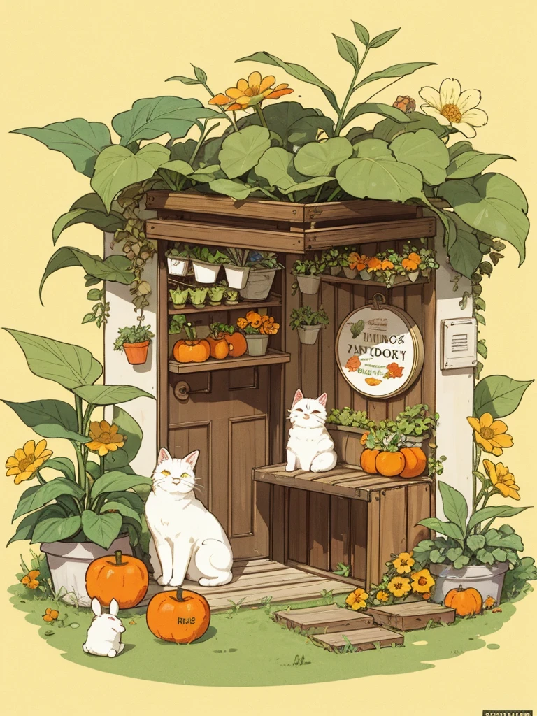 hezi, fresh illustration, flat paint style, no humans, rabbit, leaf, cat, plant, grass, flower, carrot, window, animal, basket, food, white cat, animal focus, tomato, simple background, fruit, pumpkin, sitting, potted plant, lettuce, door, closed eyes, yellow flower, tree, open window, apple, storefront, artist name, vegetable, crate, curtains, orange flower, scenery, outdoors, windowsill, mushroom, english text, yellow background, sign, sleeping, house, signature, bush<lora:æ¸
æ°æç»-000010:0.4>