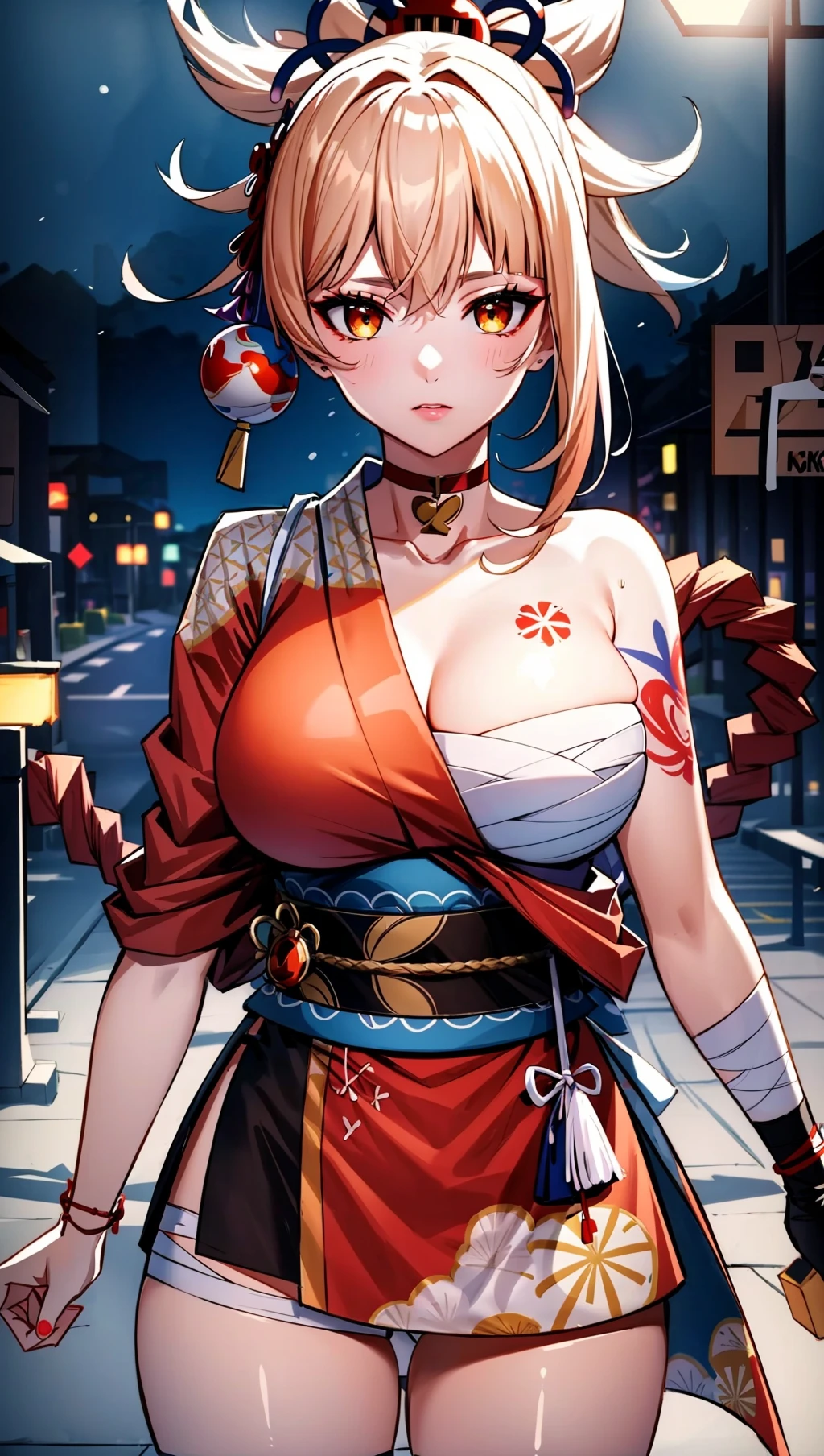 (4k,masterpiece, high resolution, best quality:2, breathtaking, ultra detailed:1.4),A cool female in the street at night,fireworks,medium breasts,Yoimiya,xiaogong,yoimiya (genshin impact),kimono,japanese clothes,bandages,hadanugi dousa,gloves,shimenawa,red choker,orange kimono,arm tattoo,kimono,fingerless gloves,artbook,rope,choker,hair ornament,ponytail,chest tattoo,bangs,rim light,depth_of_field,scenery,reality,huge filesize,solo,Cinematic Lighting,<lora:[LoRA] mhy_xg_v1.0:0.8>,in summer,<lora:more_details:0.2>,, (masterpiece, high resolution, best quality:1.4, breathtaking, ultra detailed)