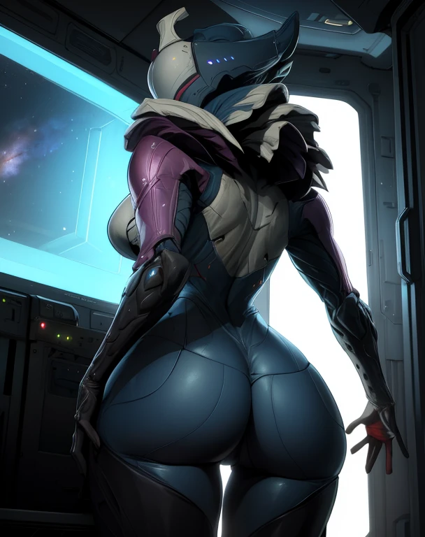 Saryn,helmet,
standing,hips,from behind,ass, from below,
space cabin,indoors,
(insanely detailed,masterpiece, best quality),solo,<lora:Saryn-11WFv8:0.7>,