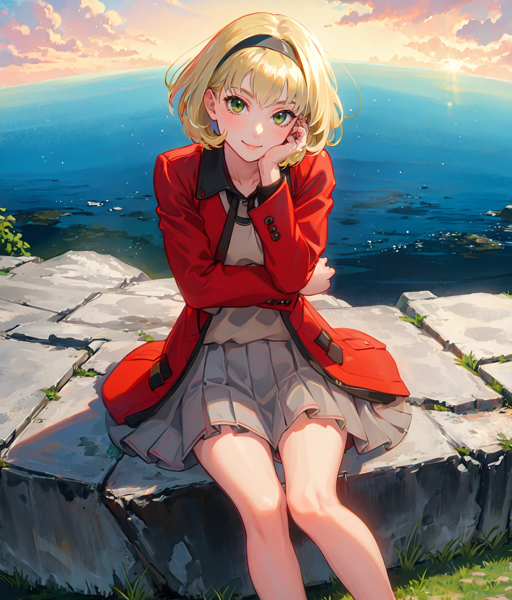 masterpiece, high res, detailed face, detailed eyes, 1girl, solo, blonde, green eyes, short hair, smile, airband, red jacket, gray skirt, sitting, resting on her arms, lewd look, outdoors, hill, starry sky, full body<lora:Nina:1>