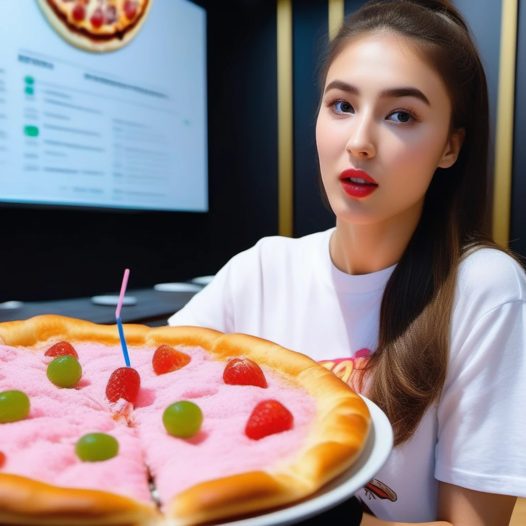 ultra-realistic 8k quality, 23-year-old cute and sexy ((ohwx woman)) eating cotton candy pizza, (extremely detailed eyes and facial features), nsfw, beautiful lighting, sharp focus, 8k, high res, (pores:0.1), (sweaty:0.8), Masterpiece, Nikon Z9, Award - winning photograph, masterpiece <lora:lora-nancy:0.8>