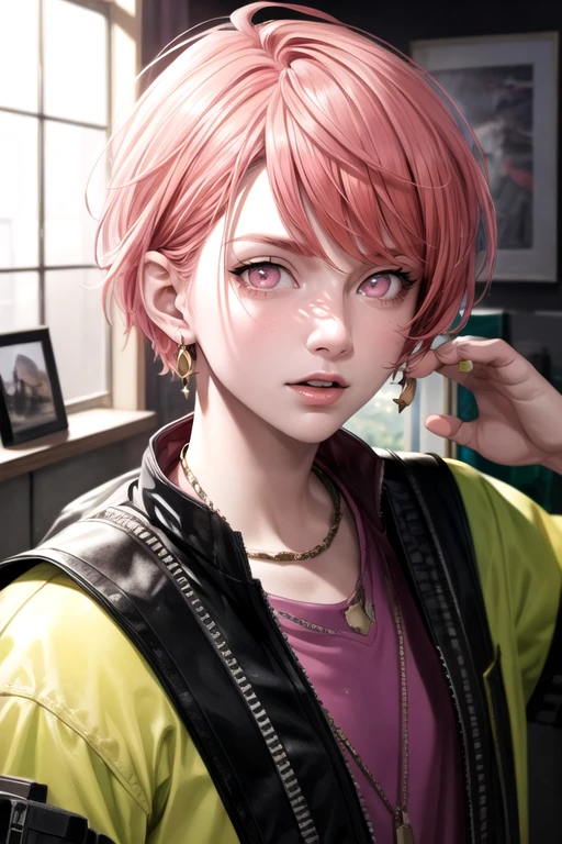 photorealistic, (4k), depth of field, (Masterpiece), (realistic skin texture), extremely detailed, intricate, hyper detailed, high resolution, professional photography, , depth of field, sharp detail, best quality, , 1boy, solo, male focus, <lora:reo_maruyama:0.8>, reo_maruyama, pink hair, pink eyes, cargo pants, , bedroom, HD