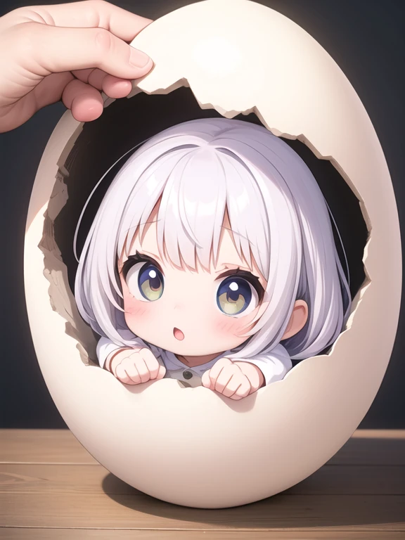 a little girl, 2 head body, chibi, giant cracked egg, head is sticking out of giant egg <lora:hatched egg-001_0.7:1>