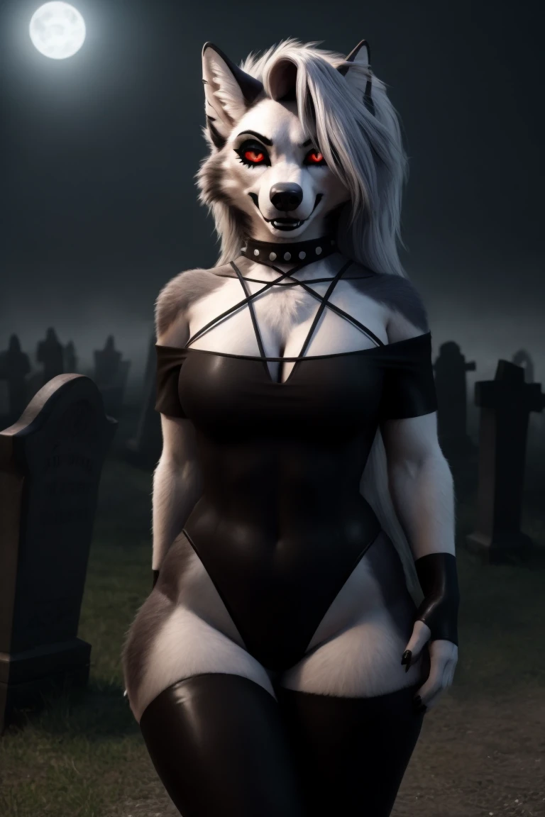 RAW Photo, realistic, 1girl, loona, wolf girl, furry girl, evil smile, leotard, cleavage, (((goth clothes))), small breasts, cowboy view, graveyard, night, goth makeup, ((glowing red eyes)) glossy lips, black lips,bottomheavy, thick thighs