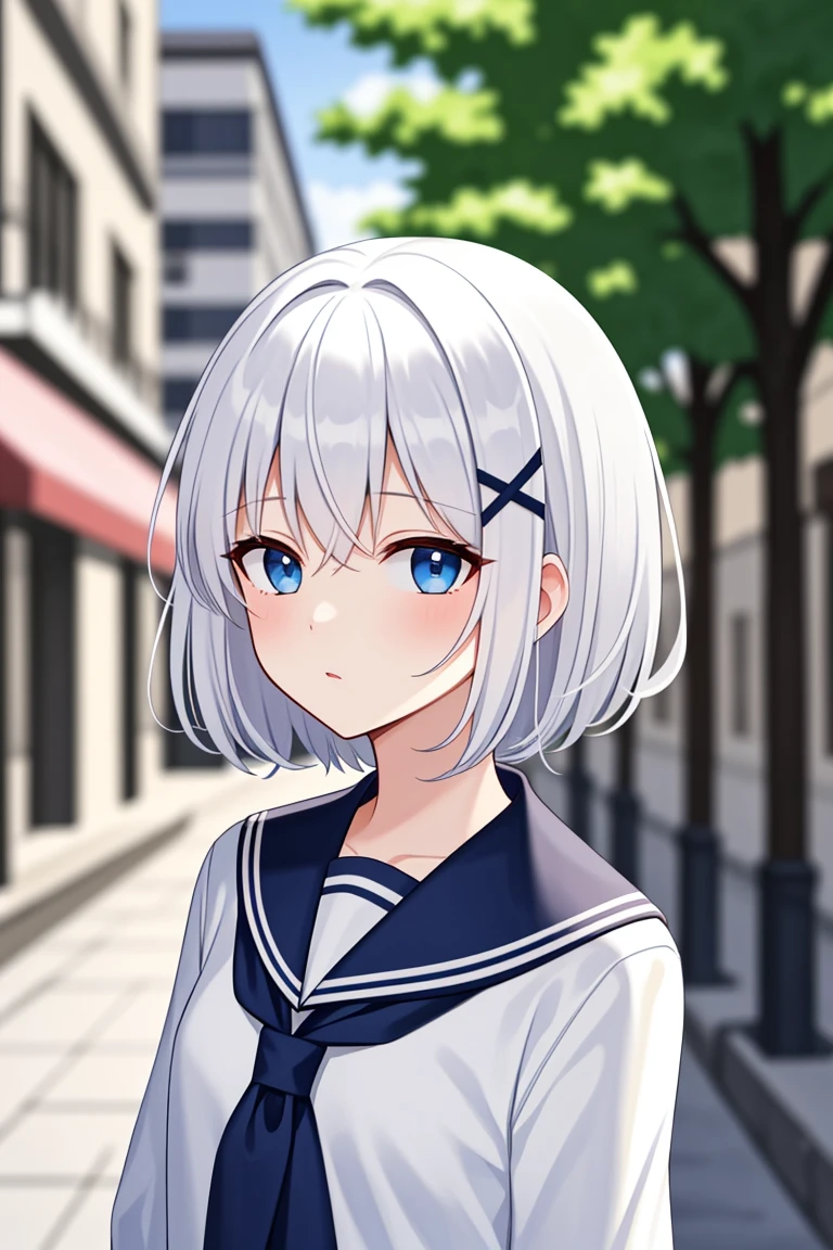 1girl, short hair, (white hair:1.2), x hair ornament, blue eyes, 
outdoors, detailed background, city, 
neckerchief, 
serafuku, 
 <lora:SiestaV1.0-000001:1> siesta diad,, <lora:LCM_LoRA_Weights_SD15:1>