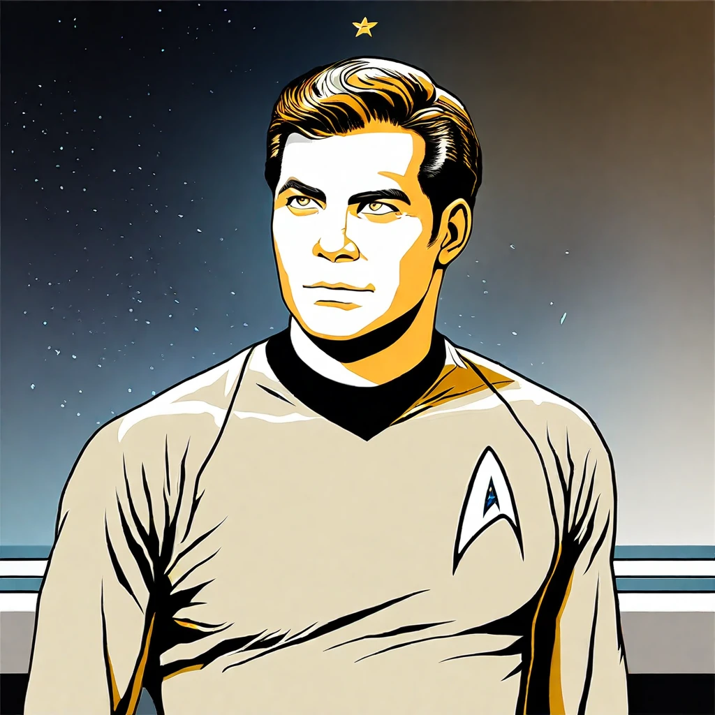 breathtaking <lora:captain_kirk_10_x114:1> captain_kirk,( yellow star trek original series starfleet uniform:1.6), (first enterprise background:1.7),shair . award-winning, professional, highly detailed