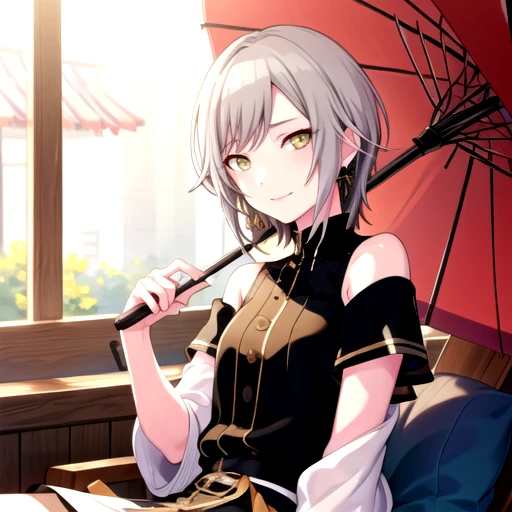 <lora:Shiho2024-10:0.77>, shiho_h, looking at viewer, smile, shirt, 1boy, hair between eyes, bare shoulders, jewelry, sitting, closed mouth, yellow eyes, male focus, earrings, sleeveless, pants, indoors, off shoulder, nail polish, black shirt, sleeveless shirt, instrument, guitar, oil-paper umbrella