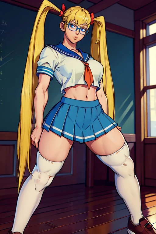 (high quality, Best Rendering), (beautiful girl, Cammy), (bomb, Pin-up Style), hot, Floss, Perfect body、Big Breasts、Narrow waist、 Fitness, blonde, Two long braids, Fancy hairstyle, bedroom,Lie down with your legs spread、 psychopath, Naughty smile, Body facing forward、Gym clothes and bloomers, Red Beret, Combat Boots, center, anime、Beautiful feet、Wearing white pantyhose