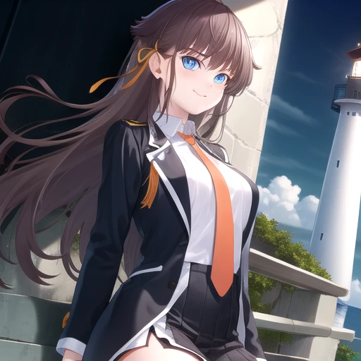 ((masterpiece)),(best quality),official art,extremely detailed CG,unity 8k wallpaper,ultra detailed,A lighthouse on a cliff by the sea,1girl,solo,upper body,looking at viewer,Kashiwazaki Kana(Nebel Geisterjäger),smile,long hair,brown hair,hair ribbon,hair flaps,bangs,medium breasts,black gloves,blue eyes,jacket,long sleeves,white shirt,collared shirt,orange necktie,open clothes,dress,thighhighs,high heel boots,<lora:Kashiwazaki Kana(Nebel Geisterjäger)>,