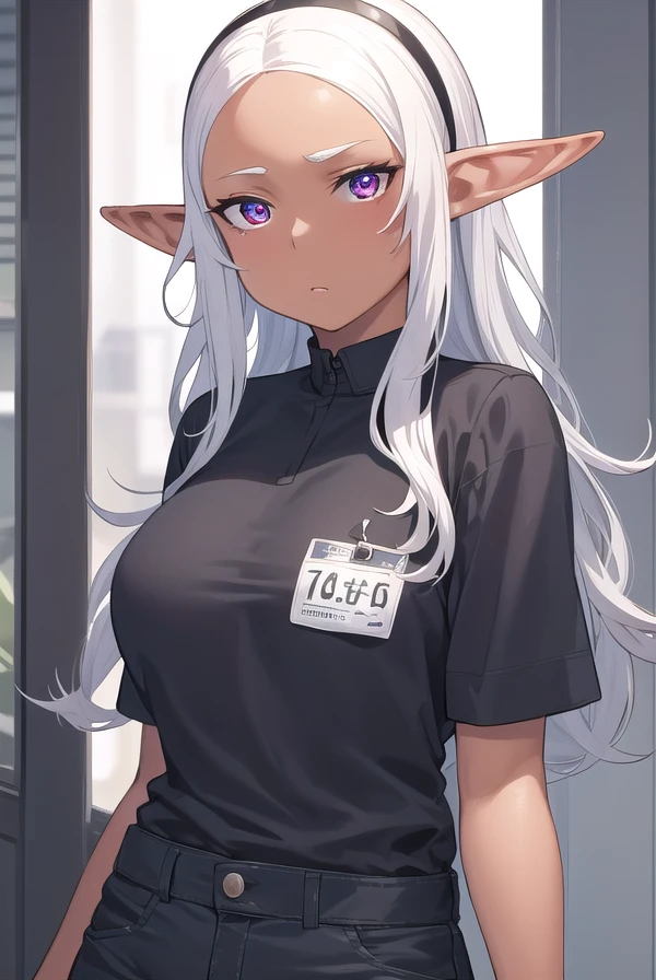 kuroeda, <lora:kuroeda manga-lora-nochekaiser:1>,
kuroeda, long hair, hairband, dark skin, dark-skinned female, white hair, (red eyes:1.3), (forehead:1.2), elf, pointy ears,
BREAK short sleeves, hairband, pants, uniform, name tag, employee uniform,
BREAK indoors, convenience store,
BREAK looking at viewer, (cowboy shot:1.5),
BREAK <lyco:GoodHands-beta2:1>, (masterpiece:1.2), best quality, high resolution, unity 8k wallpaper, (illustration:0.8), (beautiful detailed eyes:1.6), extremely detailed face, perfect lighting, extremely detailed CG, (perfect hands, perfect anatomy),