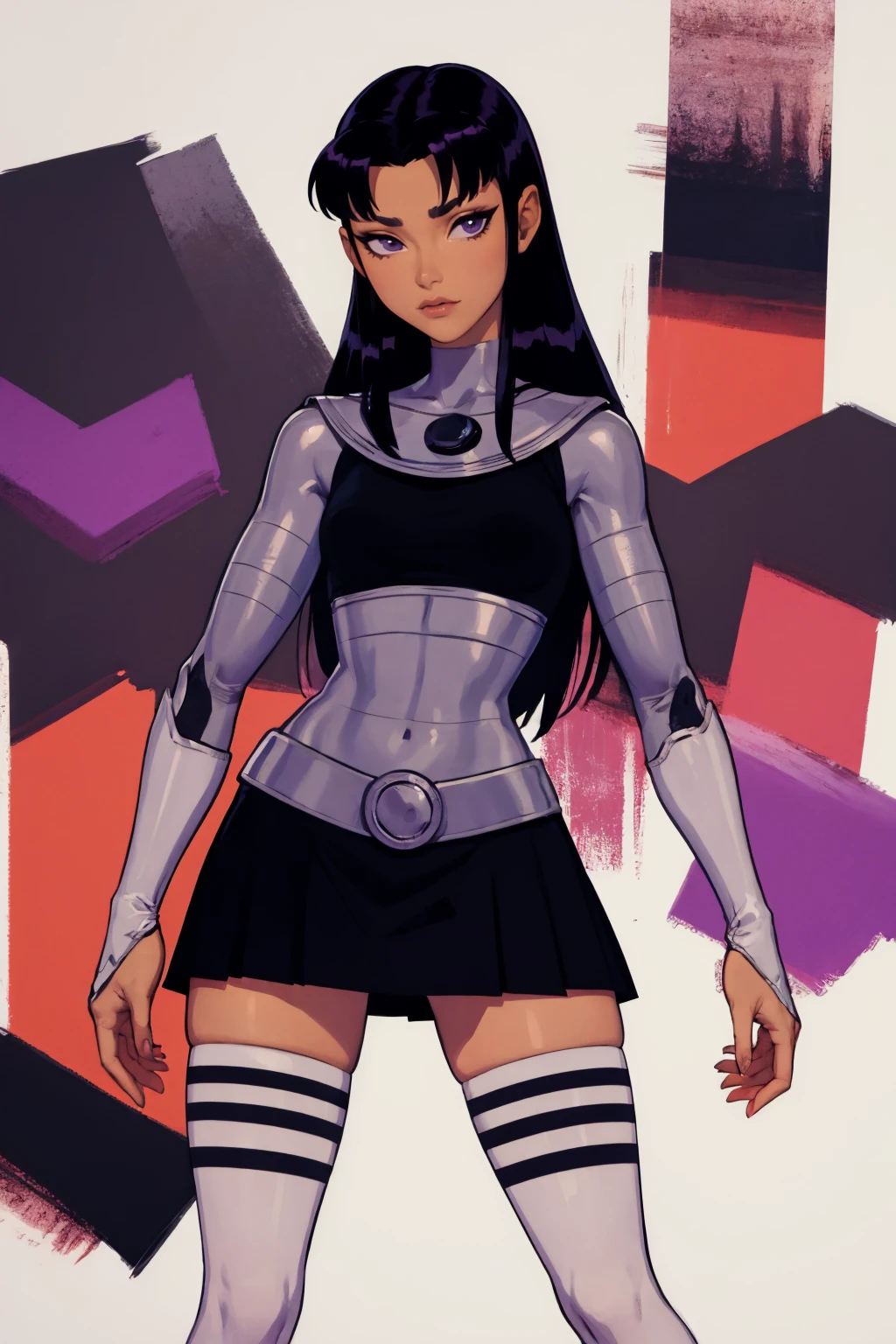 masterpiece, best quality, <lora:sportkhth:.95>, sportkhth, 1girl, solo, thighhighs, looking at viewer, <lora:blackfire:0.95> blackfire , skirt, long sleeves, dark skin, armor, abstract background,