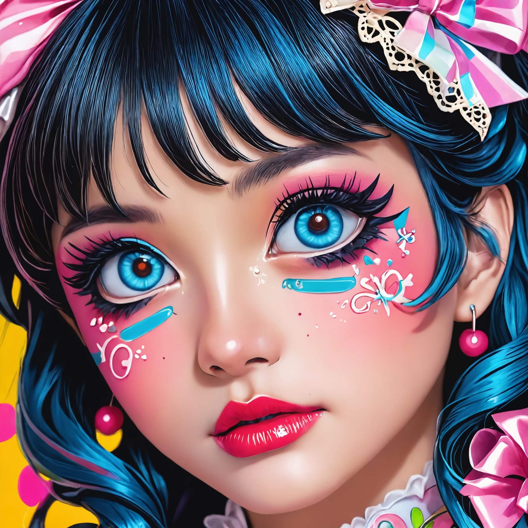 extreme closeup on face of a girl with doll kawaii makeup, black hair, highlighting the meticulous application of bows, lace, and colorful accessories, presented in a whimsical (Line Art style), enhancing the intricate patterns and details. sweetegl <lora:KawaiiMakeupXLv2:0.8>, <lora:sweetlolitaxlv3_5:0.6>