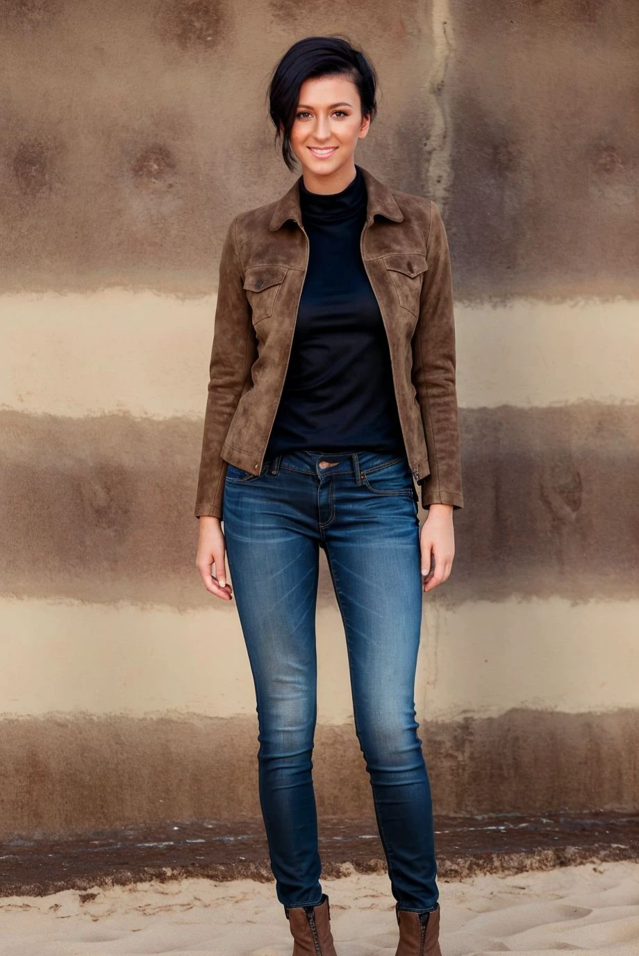 Instagram picture of a beautiful woman wearing a brown suede jacket with skinny jeans,on a crowded beach in germany,dark hair, epic character composition,by ilya kuvshinov, alessio albi, nina masic,sharp focus, subsurface scattering, f2, 35mm, film grain ,smile <lora:Emargan:1>