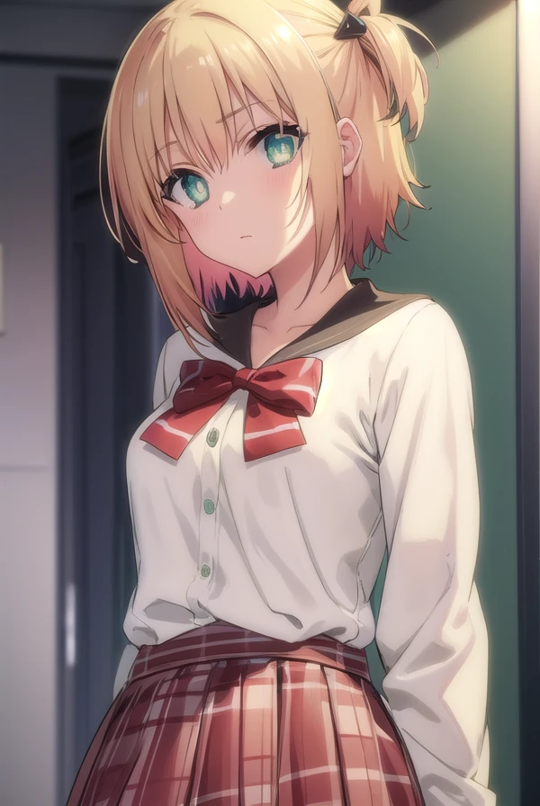 yukiyoshida, <lora:yuki yoshida s2-lora-nochekaiser:1>,
yuki yoshida, short hair, blonde hair, hair ornament, (green eyes:1.3), one side up,
BREAK skirt, bow, school uniform, serafuku, plaid, red bow, brown skirt,
BREAK indoors,
BREAK looking at viewer, (cowboy shot:1.5),
BREAK <lyco:GoodHands-beta2:1>, (masterpiece:1.2), best quality, high resolution, unity 8k wallpaper, (illustration:0.8), (beautiful detailed eyes:1.6), extremely detailed face, perfect lighting, extremely detailed CG, (perfect hands, perfect anatomy),