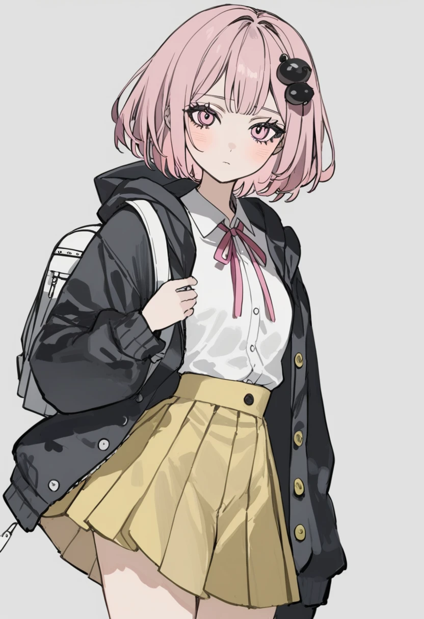 1girl, solo, hair ornament, shirt, jacket, ribbon, skirt, dress shirt, pink ribbon, open clothes, pleated skirt, white shirt, neck ribbon, backpack, collared shirt, hood, open jacket, bag, black jacket, long sleeves, shirt tucked in, brown skirt, hairclip, sfw, two-tone shirt, hooded jacket, breasts, medium hair, school, back view, up skirt, pink panties, ass