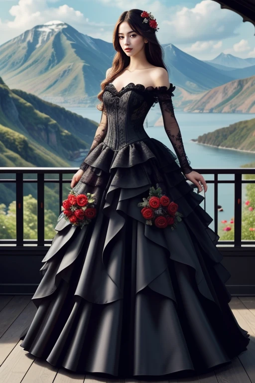 1 woman, 22yo, (realistic, masterpiece, high detailed skin:1.2) (looking at viewer, full body shot, scenic view, long hair:1.2)
<lora:Rose_Black_Gown_By_Stable_Yogi:0.8> black gown, frills, red roses