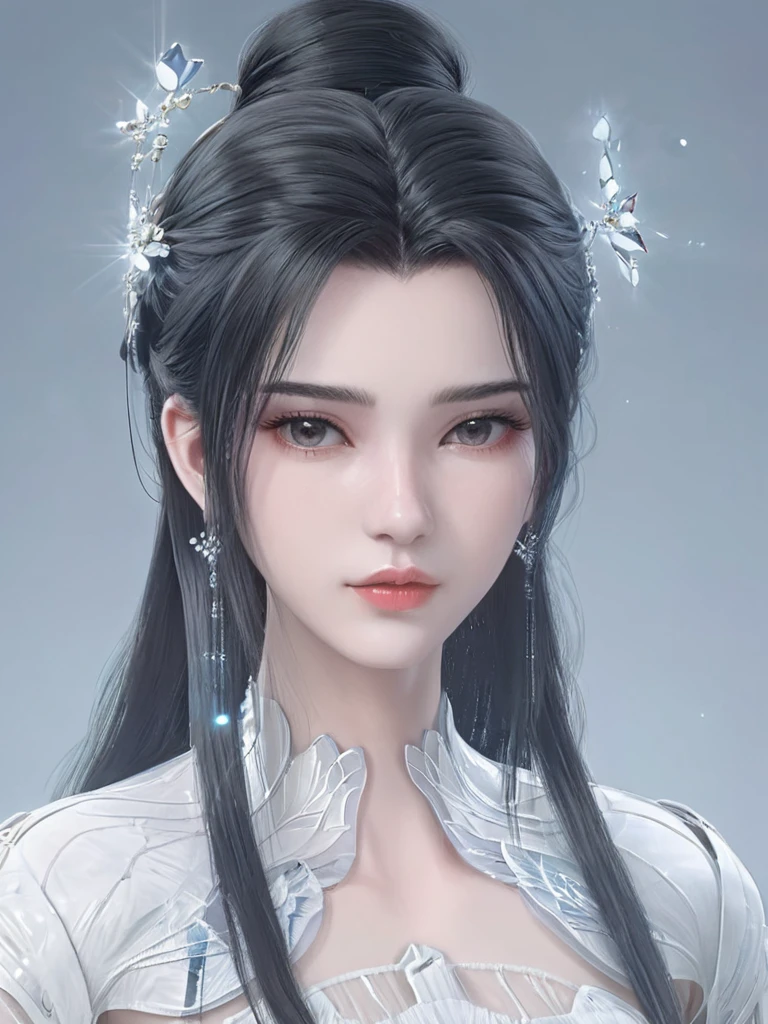 1girl, earrings, jewelry, solo, black hair, hair ornament, hair bun, long hair, looking at viewer, single hair bun, gray background, dress, closed mouth, upper body <lora:limuwan-000008:0.6>, 8k portrait,of beautiful girl white cyborg,elegant,majestic,digital photography,art by artgerm and ruan jia, surreal painting butterfly,highres,focus,colorful,paint,illustration,glow,impossible figures,paradoxical art,paradox,impossible geometry,hypercube,abstract fantasy castle,Beautiful Psychedelic Trippy White Intricate Detailed Elaborate,<lora:3DMM_V12:0.7>,<lora:LowRA:0.7>,