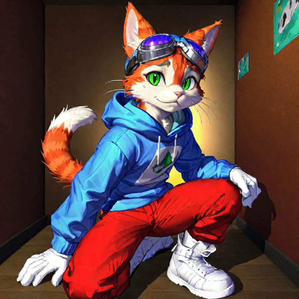 Blinx, solo, white gloves, 1boy, detailed background, bedroom, green eyes, sitting, tail, full body, shoes, pants, white gloves, hood, cat tail, hoodie, :3, cat, white footwear, slit pupils, goggles, furry, goggles on head, red pants, blue hoodie