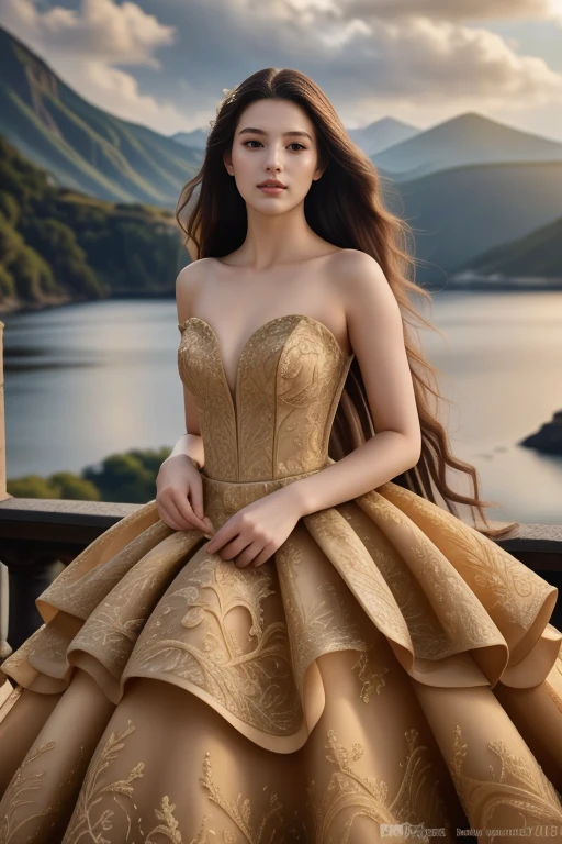 1 woman, 22yo, (realistic, masterpiece, high detailed skin:1.2) (looking at viewer, full body shot, scenic view, long hair:1.2)
<lora:Golden_Wedding_Gown_By_Stable_yogi:1> golden wedding gown