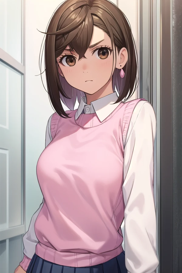 momoayase, <lora:momo ayase manga-lora-nochekaiser:1>,
momo ayase, short hair, brown hair, (brown eyes:1.5), bangs, thick eyebrows,
BREAK skirt, school uniform, pleated skirt, shoes, socks, loafers, sweater vest, (pink sweater:1.5), shirt, white shirt, collared shirt, earrings, green earrings,
BREAK indoors, classroom,
BREAK looking at viewer, (cowboy shot:1.5),
BREAK <lyco:GoodHands-beta2:1>, (masterpiece:1.2), best quality, high resolution, unity 8k wallpaper, (illustration:0.8), (beautiful detailed eyes:1.6), extremely detailed face, perfect lighting, extremely detailed CG, (perfect hands, perfect anatomy),