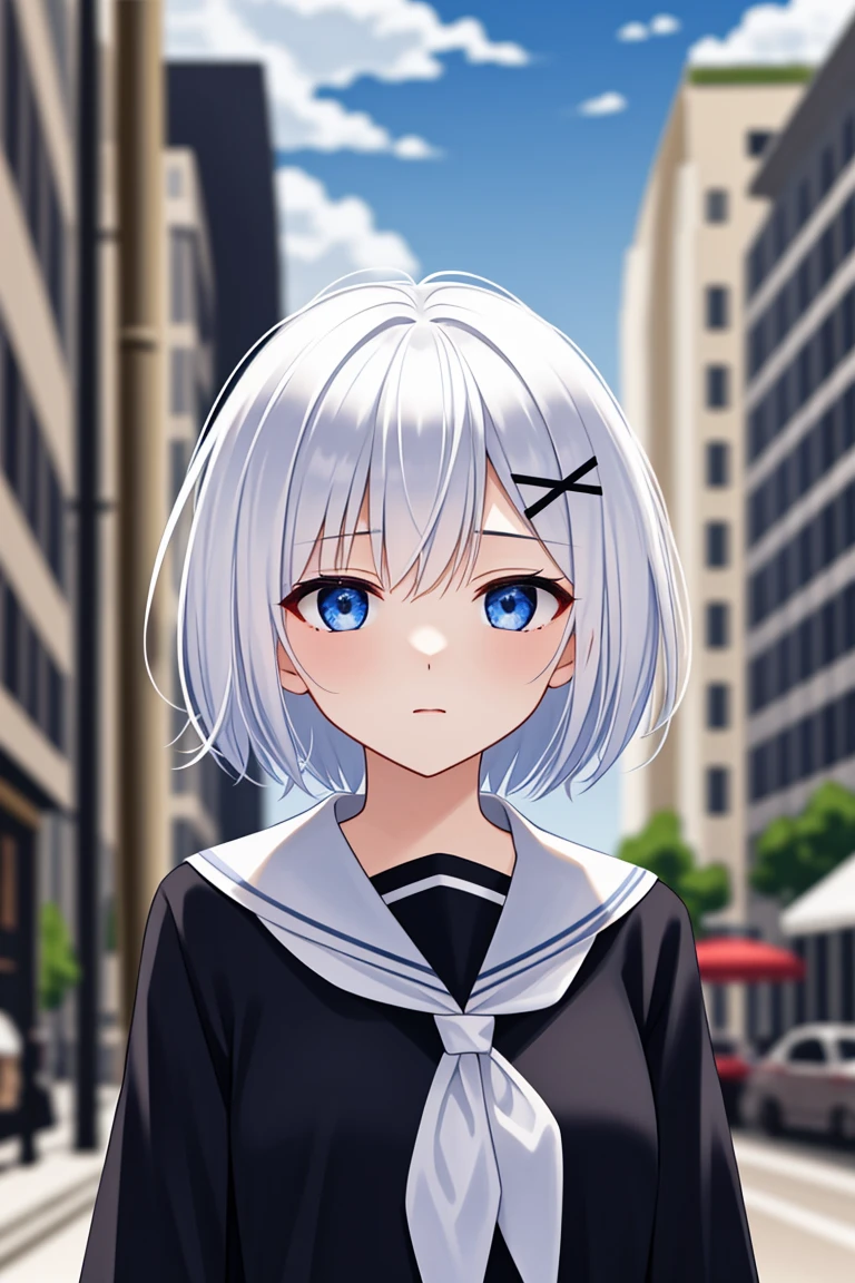 1girl, short hair, (white hair:1.2), x hair ornament, blue eyes,
outdoors, detailed background, city,
neckerchief,
serafuku,
<lora:SiestaV1.0-000001:1> siesta diad,, <lora:LCM_LoRA_Weights_SD15:1>