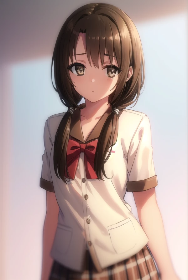 taekohiramatsu, <lora:taeko hiramatsu s2-lora-nochekaiser:1>,
taeko hiramatsu, brown hair, twintails, (brown eyes:1.5), hair over shoulders,
BREAK skirt, bow, school uniform, serafuku, plaid, red bow, brown skirt,
BREAK indoors,
BREAK looking at viewer, (cowboy shot:1.5),
BREAK <lyco:GoodHands-beta2:1>, (masterpiece:1.2), best quality, high resolution, unity 8k wallpaper, (illustration:0.8), (beautiful detailed eyes:1.6), extremely detailed face, perfect lighting, extremely detailed CG, (perfect hands, perfect anatomy),