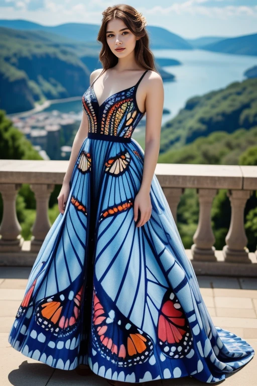 1 woman, 22yo, (realistic, masterpiece, high detailed skin:1.2) (looking at viewer, full body shot, scenic view, long hair:1.2)
butterfly print gown
<lora:Butterfly_Gown_By_Stable_yogi:0.8>