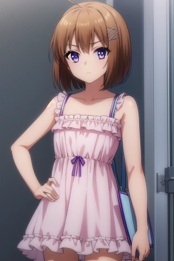 korewaharuna, <lora:korewa haruna s2-lora-nochekaiser:1>,
haruna, short hair, brown hair, (purple eyes:1.1), ahoge, hair ornament, x hair ornament,
BREAK dress, collarbone, frills, bow, sleeveless, bare arms,
BREAK outdoors,
BREAK looking at viewer, (cowboy shot:1.5),
BREAK <lyco:GoodHands-beta2:1>, (masterpiece:1.2), best quality, high resolution, unity 8k wallpaper, (illustration:0.8), (beautiful detailed eyes:1.6), extremely detailed face, perfect lighting, extremely detailed CG, (perfect hands, perfect anatomy),