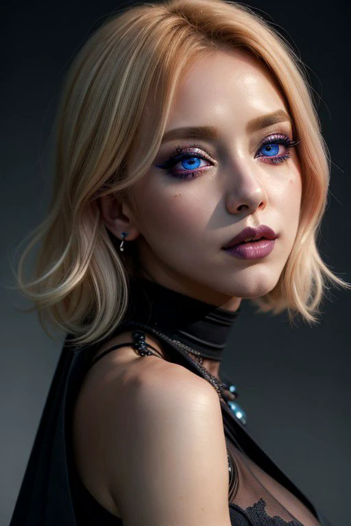 (masterpiece, high intriracy, ultra quality, UHD,ultra detail, anime, more detail, Pastel palette, cold colors, full height)
magnificent woman, veru beautiful. SexyPose, detail eyes, detail mouth, bright make up, indigo eyes. blonde hair, gothic black dress,  sport body, exposure herself,