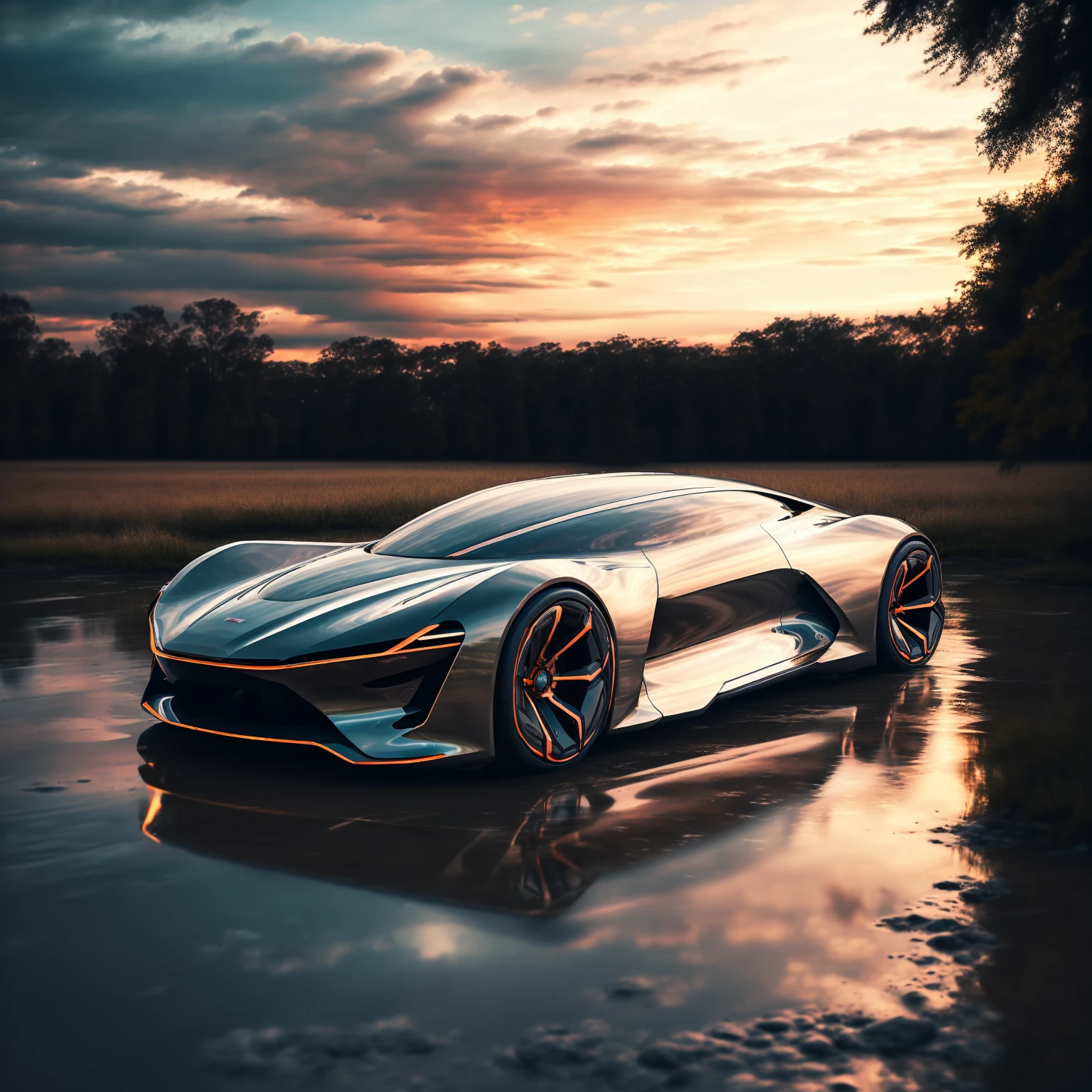 Sunset, by the water and swamp, new super car concept, dark silver and orange style, outdoor, 32K UHD, energetic, striking, whimsical<lora:HTTP_20231128195717-000008:1>