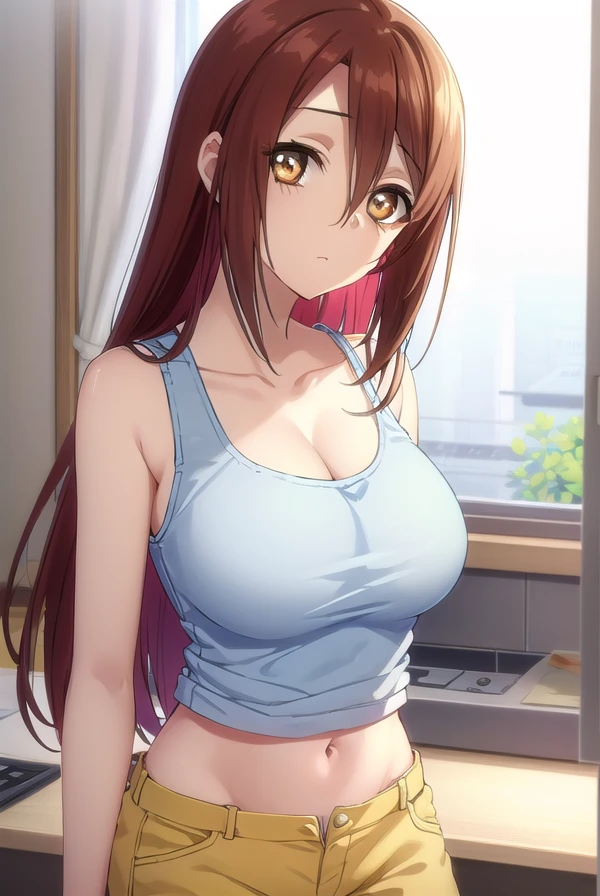 naeglerianebiros, <lora:naegleria nebiros s2-lora-nochekaiser:1>,
naegleria nebiros, long hair, (brown eyes:1.5), red hair,
BREAK navel, cleavage, shorts, midriff, short shorts, tank top, yellow tank top,
BREAK indoors,
BREAK looking at viewer, (cowboy shot:1.5),
BREAK <lyco:GoodHands-beta2:1>, (masterpiece:1.2), best quality, high resolution, unity 8k wallpaper, (illustration:0.8), (beautiful detailed eyes:1.6), extremely detailed face, perfect lighting, extremely detailed CG, (perfect hands, perfect anatomy),