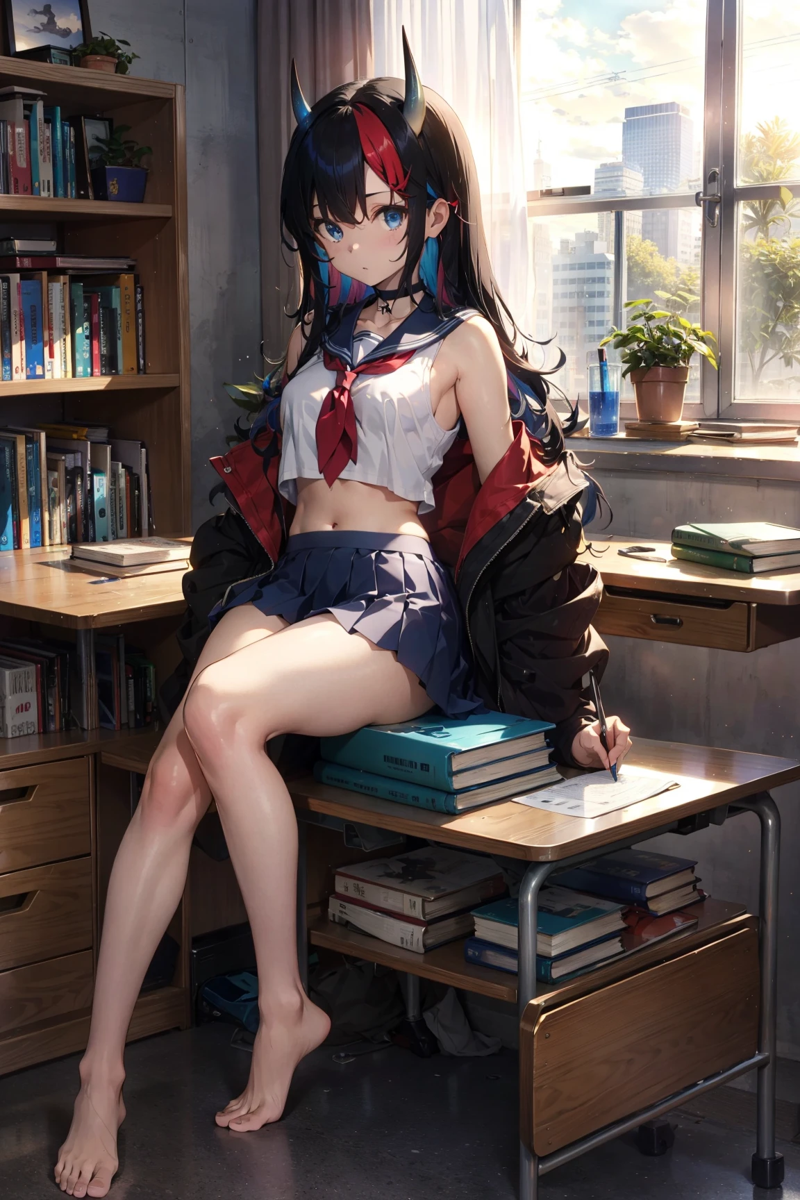 1girl, solo, long hair, breasts, looking at viewer, blue eyes, skirt, shirt, black hair, navel, holding, bare shoulders, sitting, very long hair, underwear, school uniform, panties, jacket, full body, white shirt, ass, thighs, multicolored hair, pleated skirt, small breasts, open clothes, horns, barefoot, serafuku, sleeveless, choker, midriff, miniskirt, sailor collar, off shoulder, stomach, feet, blue skirt, streaked hair, black jacket, crop top, neckerchief, legs, book, bare legs, sleeveless shirt, toes, black choker, desk, dragon horns, book stack