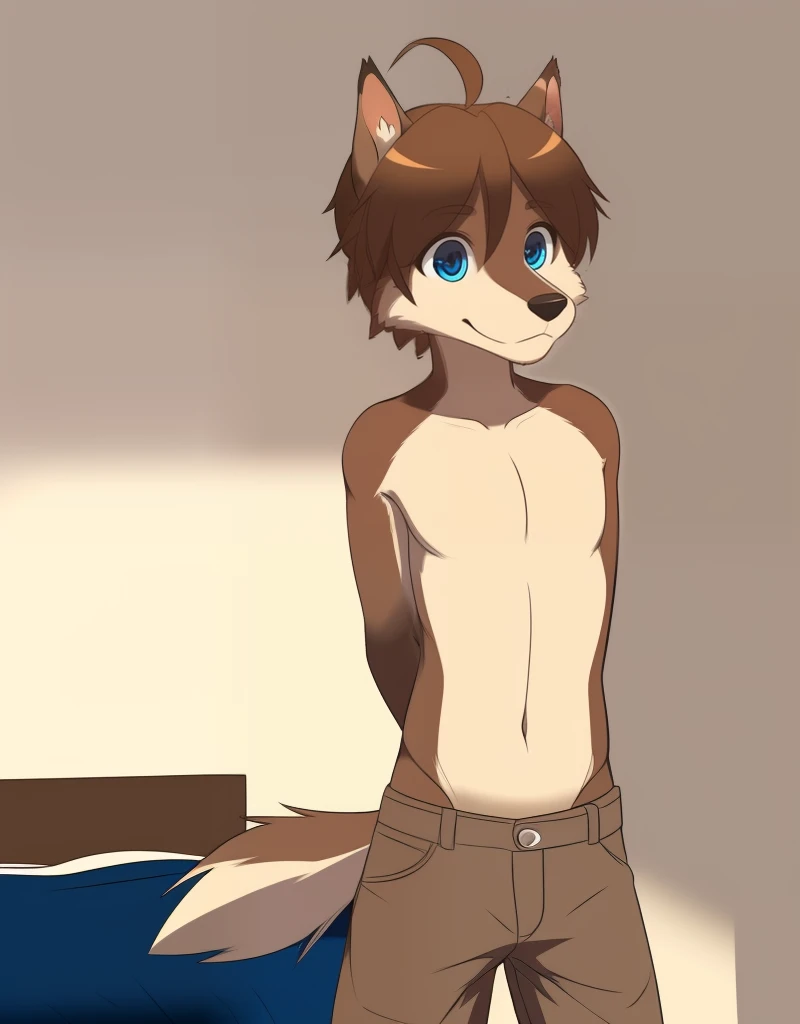 male, arctic wolf, detailed yellow eyes, thing big plain diaper, happy, slim, sly, glasses, simple background, tail, cute, posing