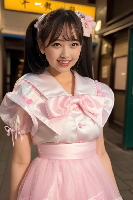1girl,(RAW photo, best quality), (realistic, photo-realistic:1.4), masterpiece, an extremely delicate and beautiful, extremely detailed, 2k wallpaper, Amazing, finely detail, extremely detailed CG unity 8k wallpaper, ultra-detailed, highres, soft light, beautiful detailed girl, extremely detailed eyes and face, beautiful detailed nose, beautiful detailed eyes,cinematic lighting,perfect anatomy,slender body,smiling
in front of izakaya,narrow street like kowloon,lights reflected on wet floor,after rain,night time,shop sign lights,winter night
<lora:matsumotokaren_lora:0.82>(wearing pink dress),(pink bow),(twintail hairstyle)