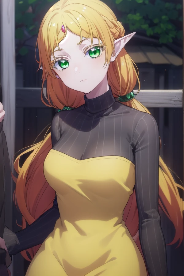 tsundereelf, <lora:tsundere elf s1-lora-nochekaiser:1>,
tsundere elf, long hair, blonde hair, (green eyes:1.5), pointy ears, elf, multicolored hair, forehead jewel,
BREAK long sleeves, turtleneck bodysuit, pantyhose, sweater, (black sweater:1.2), dress, (yellow dress:1.5),
BREAK outdoors, forest, nature, sun, sky, clouds,
BREAK looking at viewer, (cowboy shot:1.5),
BREAK <lyco:GoodHands-beta2:1>, (masterpiece:1.2), best quality, high resolution, unity 8k wallpaper, (illustration:0.8), (beautiful detailed eyes:1.6), extremely detailed face, perfect lighting, extremely detailed CG, (perfect hands, perfect anatomy),