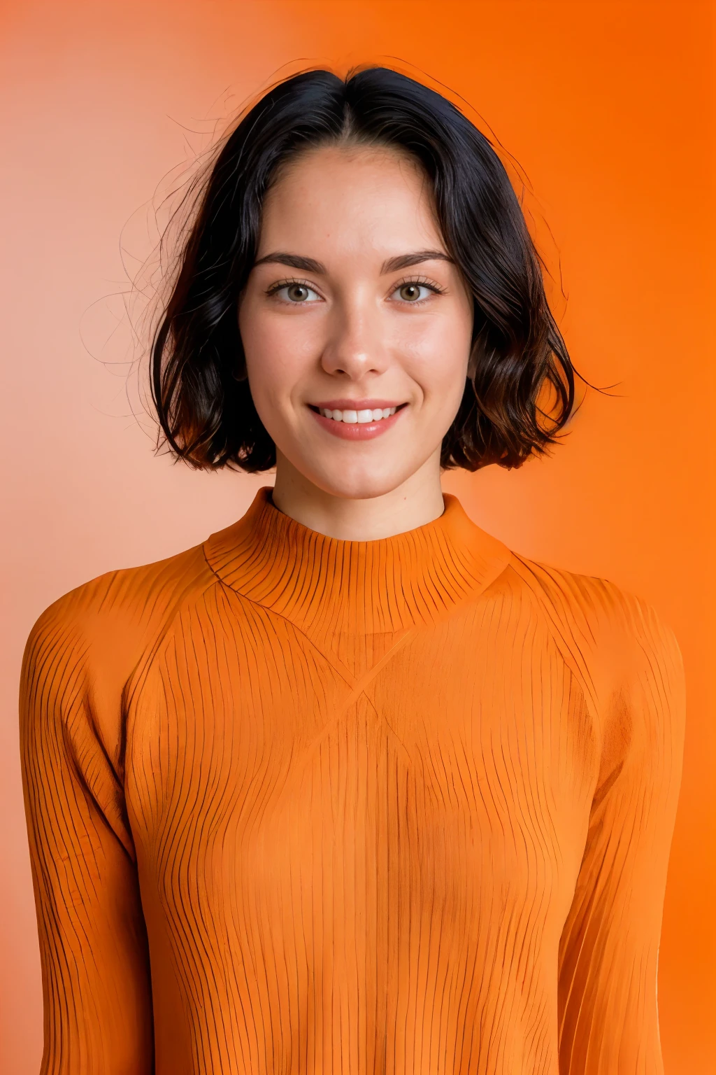 analog film photo solo, realistic, ((woman)), (((short hair))), (((happy512))), (((Utility jumpsuit, platform sneakers))), ((Simple Light Orange background:1.5)), ((dynamic pose)), high detailed, 8k, clear facial features, <lora:PAseer-SD15-LCM Quick:1> <lora:ReaLora:.2> skin <lora:GStyle_-_Photography_Style:.4> gstyle <lora:[US]_-_Serinda_Swan:1> serindaswan . faded film, desaturated, 35mm photo, grainy, vignette, vintage, Kodachrome, Lomography, stained, highly detailed, found footage
