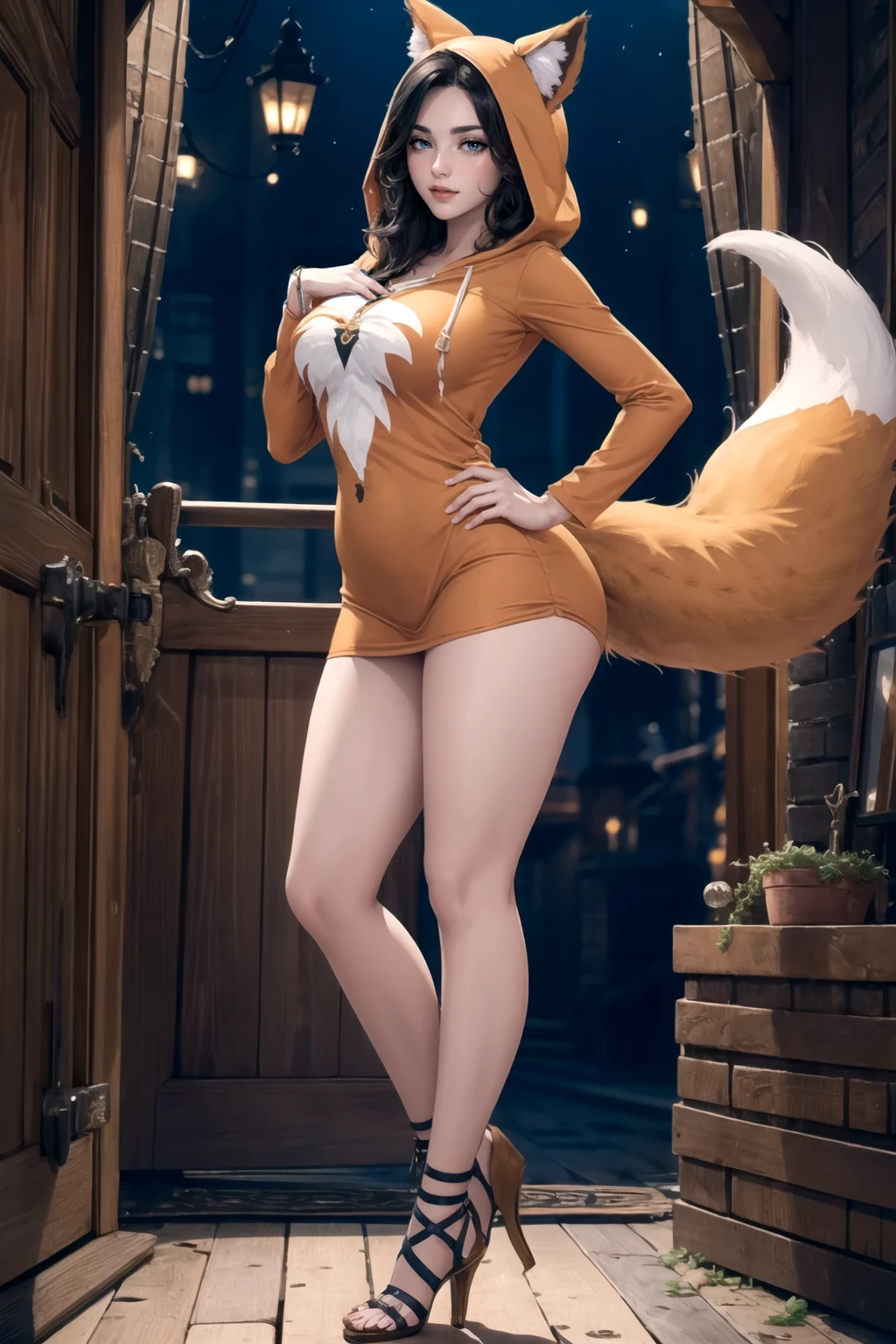 front view, woman, curvy, (full body photo:1.1), (long black hair:0.9), photograph of a woman wearing, f0xx,  fox costume, hood, heeled sandals, <lora:f0xx-08:0.85> best quality, high detail, high quality, high res, 4k, detailed skin texture, (blush:0.5), (goosebumps:0.5), <lora:detail_slider_v4:2>