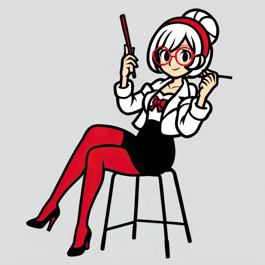 1girl, mature female, red glasses, hair ornament, hair stick, red headband, white shirt, bare shoulders, white jacket, black skirt, red leggings, high heels, sitting, pose, <lora:Rhythm_Heaven_SDXL:0.7>