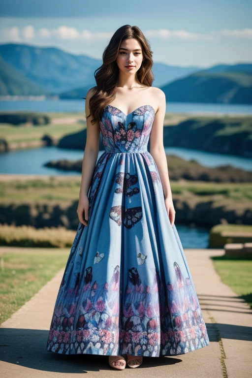 1 woman, 22yo, (realistic, masterpiece, high detailed skin:1.2) (looking at viewer, full body shot, scenic view, long hair:1.2)
butterfly print gown
<lora:Butterfly_Gown_By_Stable_yogi:0.8>